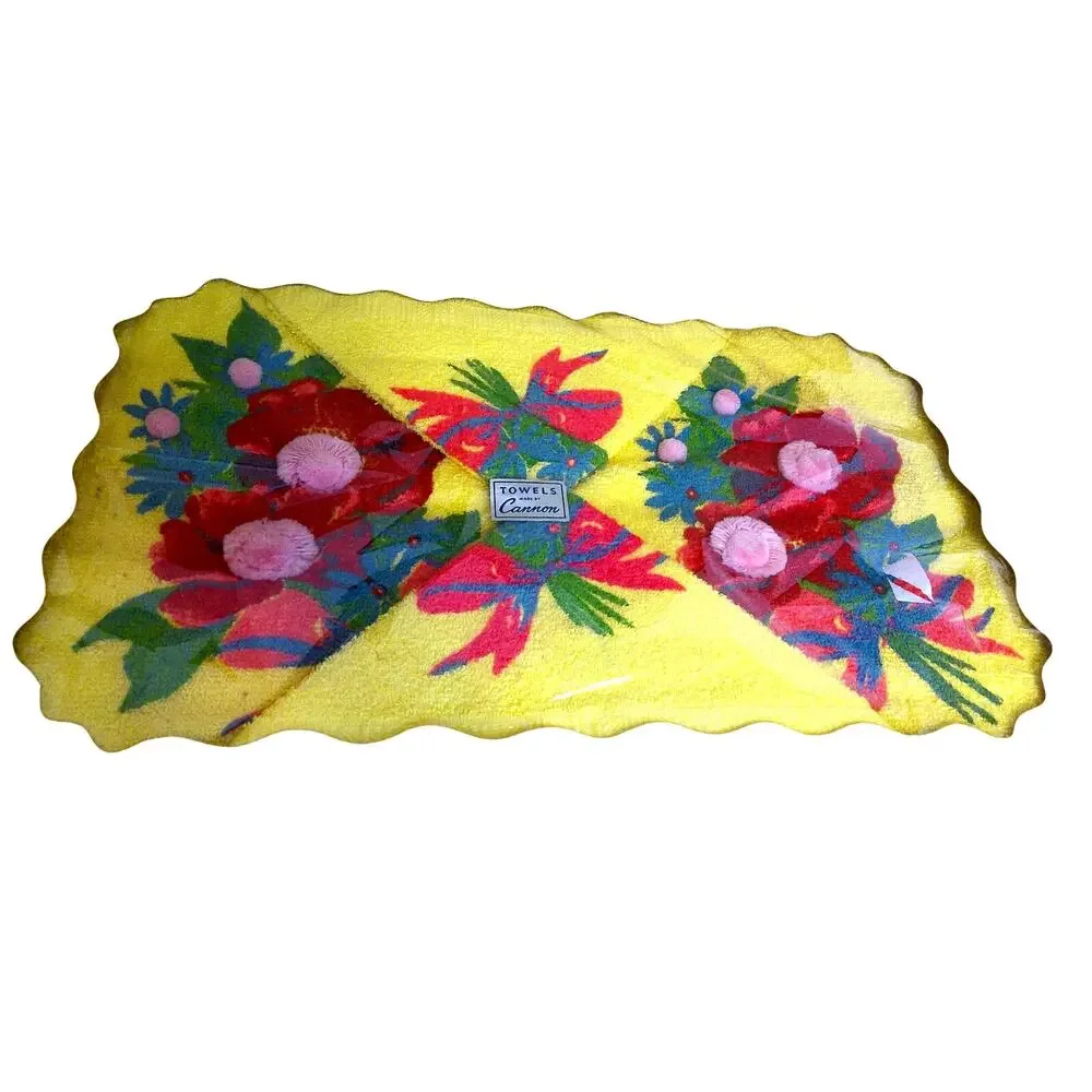 Vintage Mid-Century Cannon Towel Set Yellow 3D Sculpted Floral Appliques New Box